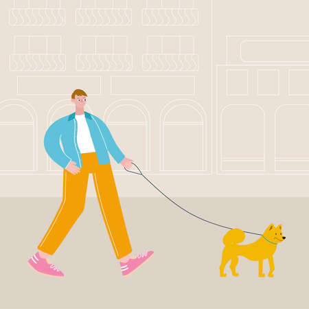 Young guy walking around the city with a dog on a leashのイラスト素材