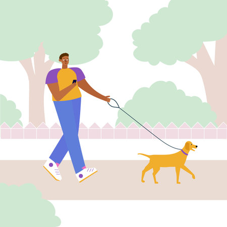 Young man with a smartphone walks with his dog in the park. vector flat conceptのイラスト素材