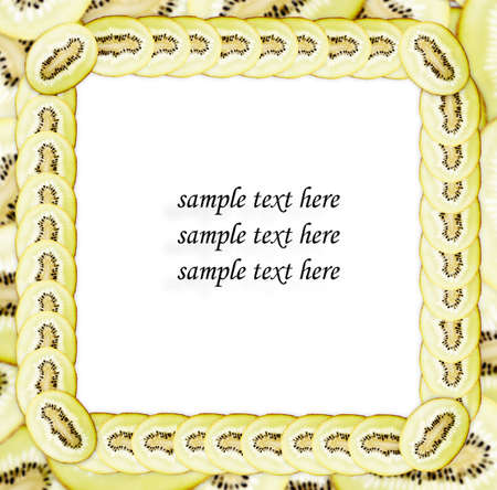 Many slices of kiwi fruit making frame for sample textの写真素材