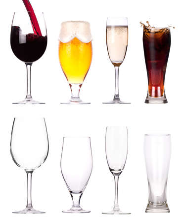 full and empty glass of alcohol Collection isolated on a white backgroundの写真素材