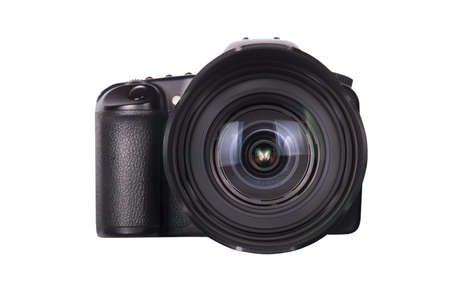 professional digital photo camera with huge wide angle lens isolated on white