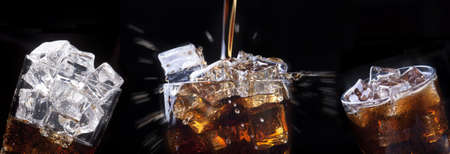 set of Fresh cola drink  with ice and splash on a black background