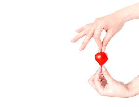 Stylish red valentine day heart background with hand and sherry tomatoes isolated