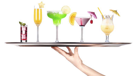hand with tray full of alcohol drinks  celebration concept isolated