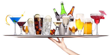 hand with tray full of alcohol drinks  celebration concept isolated