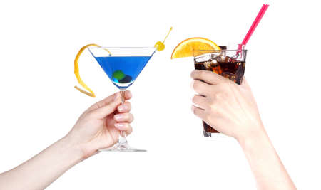 hand with alcohol cocktail making toast isolated on a white background
