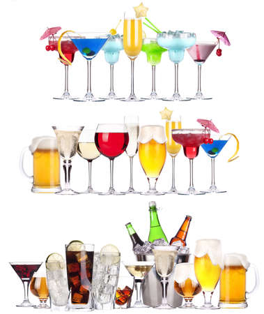Set of different alcoholic drinks and cocktails - beer,martini,soda,champagne,whiskey,wine,cola,cocktailの写真素材