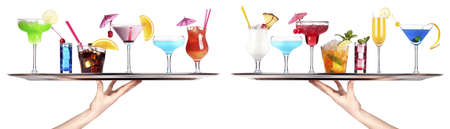 different alcohol drinks on a tray - beer, cocktail, champagne, wine, whiskey, colaの写真素材