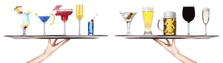 different alcohol drinks on a tray - beer, cocktail, champagne, wine, whiskey, colaの写真素材