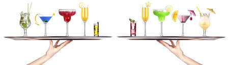 different alcohol drinks on a tray - beer, cocktail, champagne, wine, whiskey, cola
