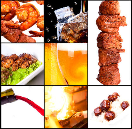 Collection of different meat dishes and alcohol drinksの写真素材