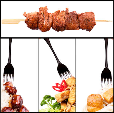 Collection of different meat dishes -  BBQ, pork,beef,salad,satay,sea food,chicken,noodlesの写真素材