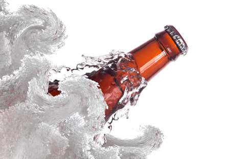 Bottle of beer with water splash, isolated on white backgroundの写真素材