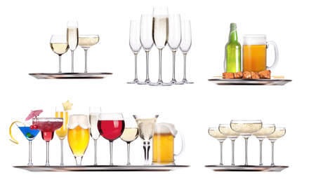 Set of different alcoholic drinks and cocktails - beer,martini,soda,champagne,whiskey,wine,cola,cocktailの写真素材
