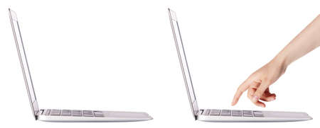 laptop with woman hand isolated set