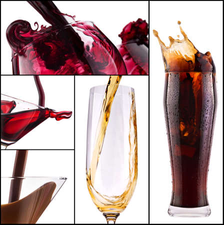 collage with alcohol cocktails - beer, martini, Curacao, soda, cosmopolitan, cola, cocktail, wine,  champagne, whiskeyの写真素材