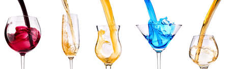 alcoholic drinks set with splash - cocktail, cola, beer, wine,champagne, juice