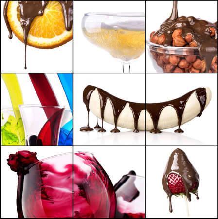 tasty desserts and fresh drinks collage - strawberries, orange, banana,nuts,chocolate,cocktail,wine,champagne,sodaの写真素材