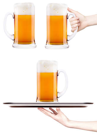 Frosty fresh beer collection with foam isolated background