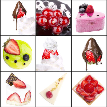 collage of tasty desserts closeup. Blue berries, strawberry, Whipped cream, cake, almond, filbert, orange,dried fruits, pomegranateの写真素材