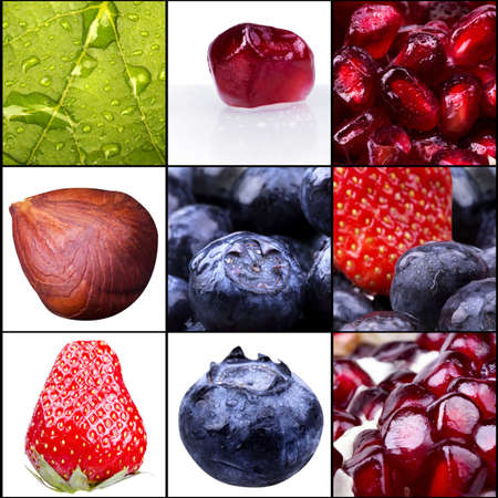 collage of tasty summer fruits closeup. Blue berries, strawberry,  almond, filbert, orange,dried fruits, pomegranateの写真素材