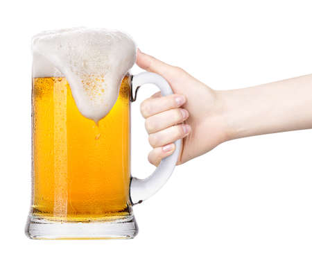 beer with  hand making toast isolated on a white backgroundの写真素材