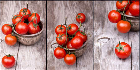 Cherry tomatoes on wooden table with water dropsの写真素材