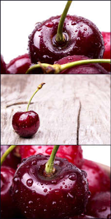 Cherries with water drops set macro background