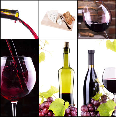 wine collage with barrel, bottle, wineglasses, grapeの写真素材