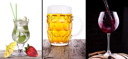 collage witn coctail, wine and beer on wooden table isolatedの写真素材