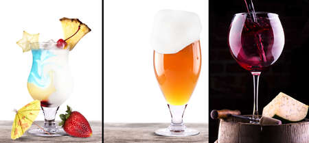collage witn coctail, wine and beer on wooden table isolatedの写真素材