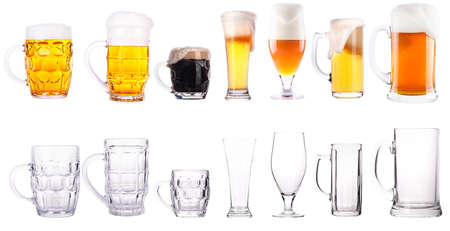 Frosty  fresh beer collection full and empty glasses isolated backgroundの写真素材