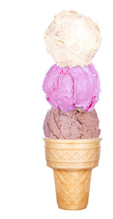 Three scoops of ice creams with cone on white background