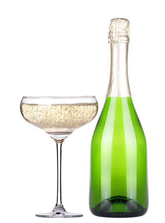 glass and bottle of champagne isolatedの写真素材
