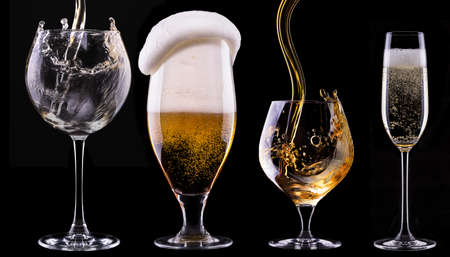alcohol drinks set isolated on a black background - beer,wine,champagne,scotch