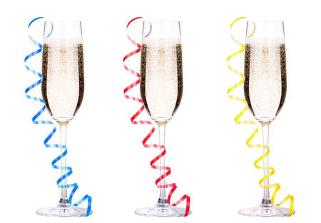 Champagne and christmas decor. Isolated on white backgroundの写真素材