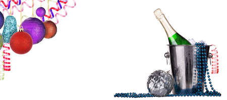 Champagne and christmas decor. Isolated on white backgroundの写真素材