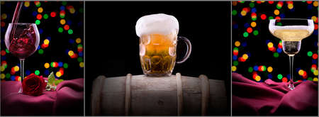 beer, wine, champagne on black. alcohol collageの写真素材
