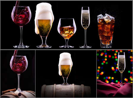 different images of alcohol  - beer, martini, cola, champagne, wine, juice, scotch, whiskeyの写真素材