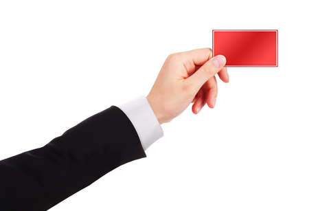 Businessman's hand holding business card isolated on white backgroundの写真素材