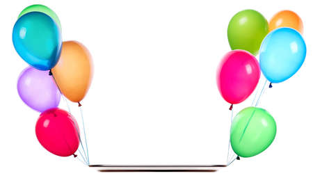 flying balloons holding empty silver tray isolated on a white の写真素材