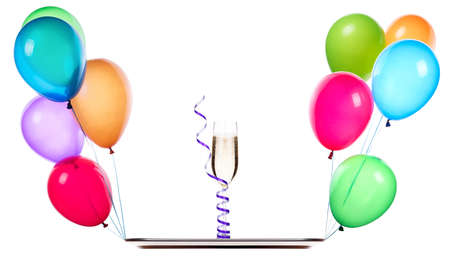 party concept with champagne and flying balloons on a trayの写真素材