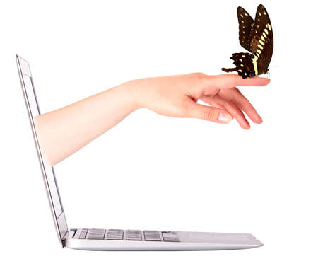 Laptop side view with  butterfly on woman's hand. In motion isolated