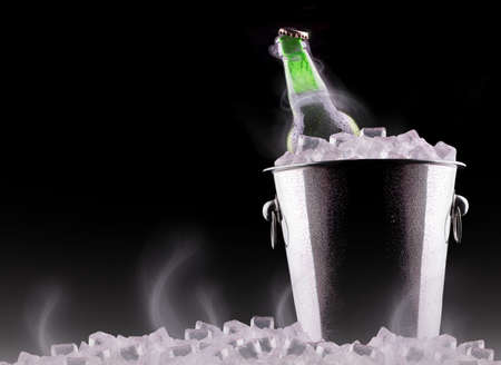 Beer bottles in ice bucket isolated on blackの写真素材