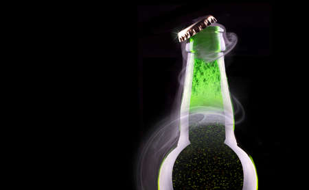open wet beer bottle isolated on blackの写真素材