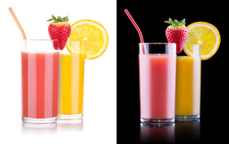 Delicious Strawberry and orange smoothie in glass with tube isolatedの写真素材