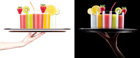 waiter tray full of tasty summer fruits with juice in glass and tube