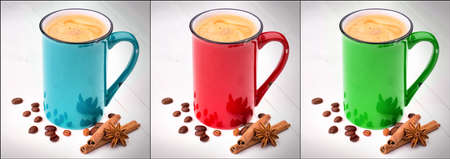 red, green and blue cup of Coffee set. Collage background
