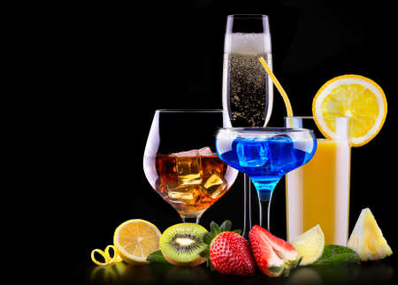 different alcohol drinks set  - beer, wine, cocktail, juice, champagne, scotch, soda