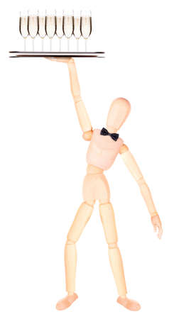 wooden Dummy waiter with champagne on silver tray Isolated Over White Backgroundの写真素材